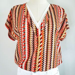 DKNY Short Sleeve Earth Tone Patterned Top with Chiffon Trim--NWT--S